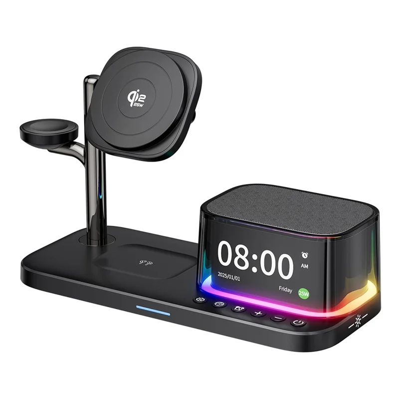 Chargeur sans fil magnétique Qi2.2 25W 5 en 1 + Enceinte Bluetooth + Réveil + Veilleuse + Affichage de l'heure - Noir