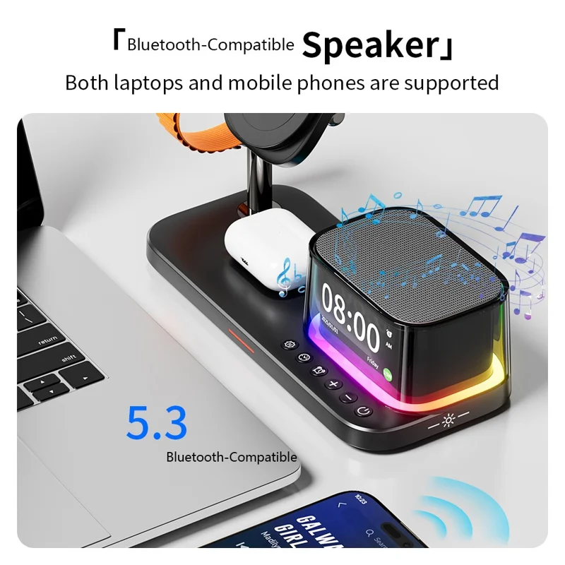 Chargeur sans fil magnétique Qi2.2 25W 5 en 1 + Enceinte Bluetooth + Réveil + Veilleuse + Affichage de l'heure - Noir