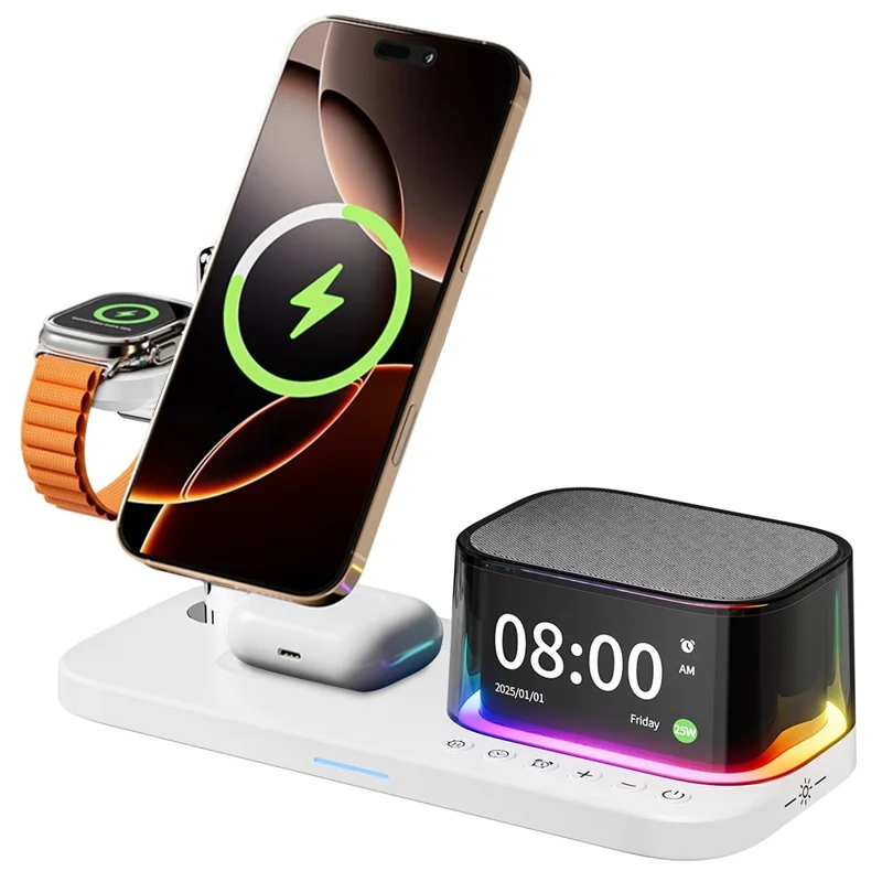 C09PLUS 5 in 1 Qi2.2 25W Magnetic Wireless Charger + Bluetooth-Compatible Speaker + Alarm Clock + Night Light + Time Display - White