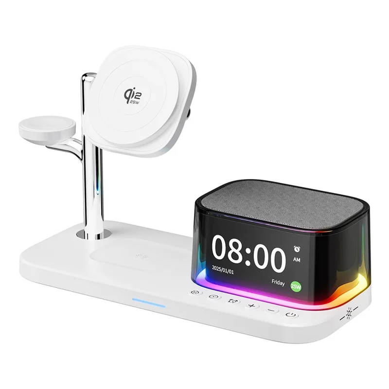 C09PLUS 5 in 1 Qi2.2 25W Magnetic Wireless Charger + Bluetooth-Compatible Speaker + Alarm Clock + Night Light + Time Display - White