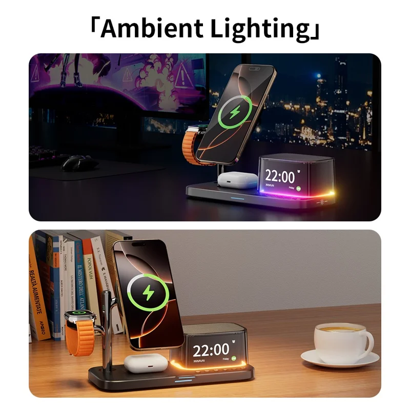 C09PLUS 5 in 1 Qi2.2 25W Magnetic Wireless Charger + Bluetooth-Compatible Speaker + Alarm Clock + Night Light + Time Display - White