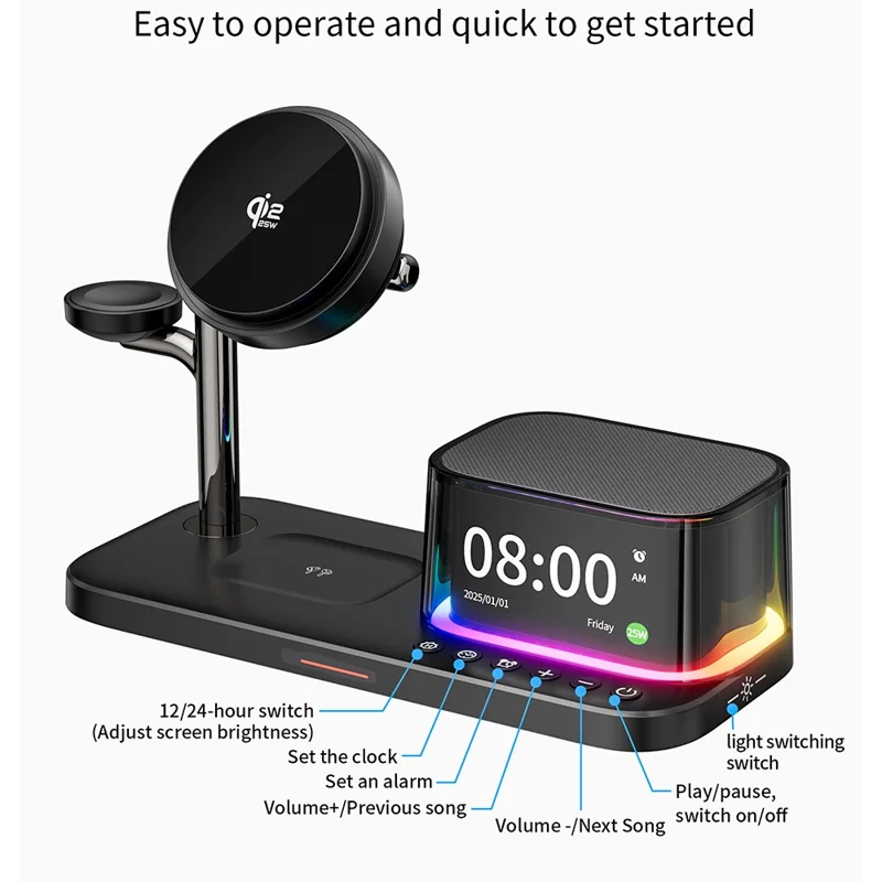 C09PRO Qi2.2 25W Caricatore Wireless Magnetico Multifunzione Ricarica Rapida Stand di Raffreddamento Altoparlante Compatibile Bluetooth - Nero