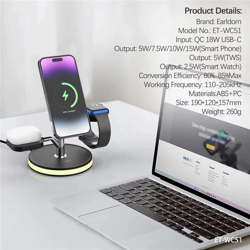 EARLDOM ET-WC51 4 in 1 Wireless Charger Stand Multi-Device Charging Station with Lamp for Phone / Watch / Earbuds