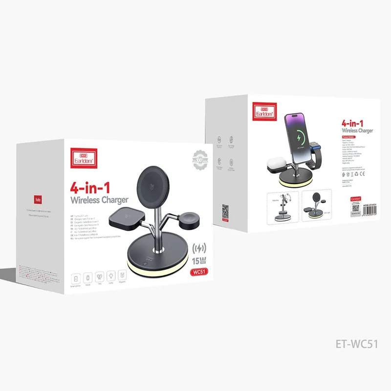 EARLDOM ET-WC51 4 in 1 Wireless Charger Stand Multi-Device Charging Station with Lamp for Phone / Watch / Earbuds