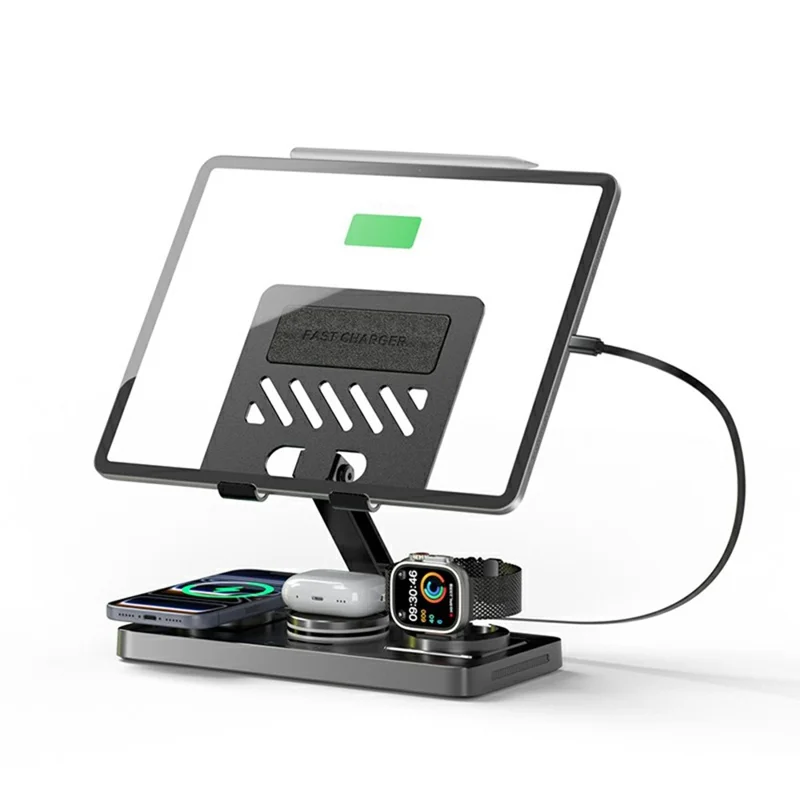 CYJ-268 5 in 1 Wireless Charging Station with Retractable Cable for Smartphone / Earbuds / Smart Watch / Tablet Foldable Stand - Black