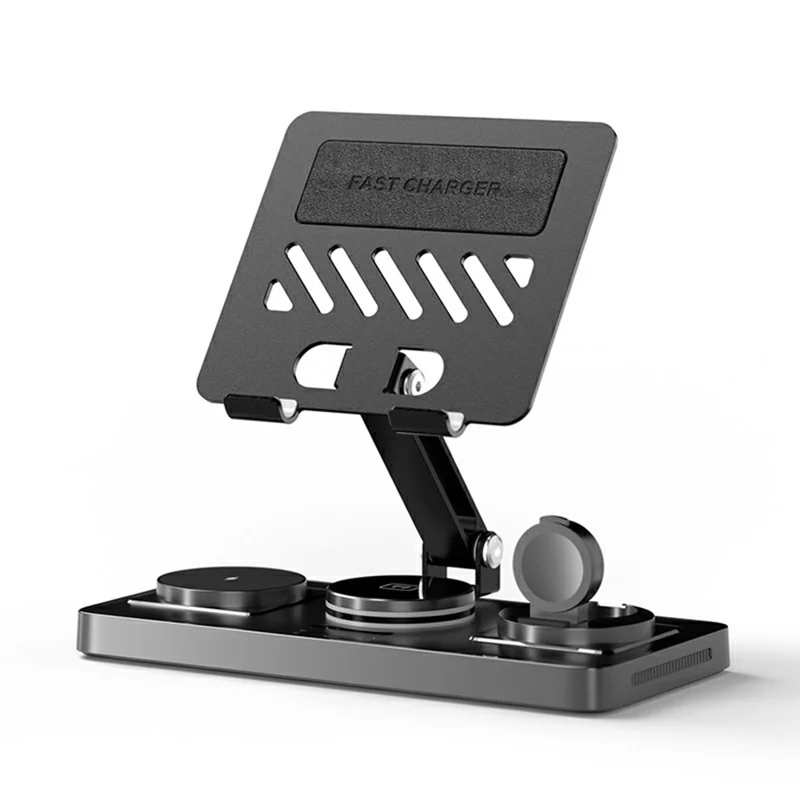 CYJ-268 5 in 1 Wireless Charging Station with Retractable Cable for Smartphone / Earbuds / Smart Watch / Tablet Foldable Stand - Black