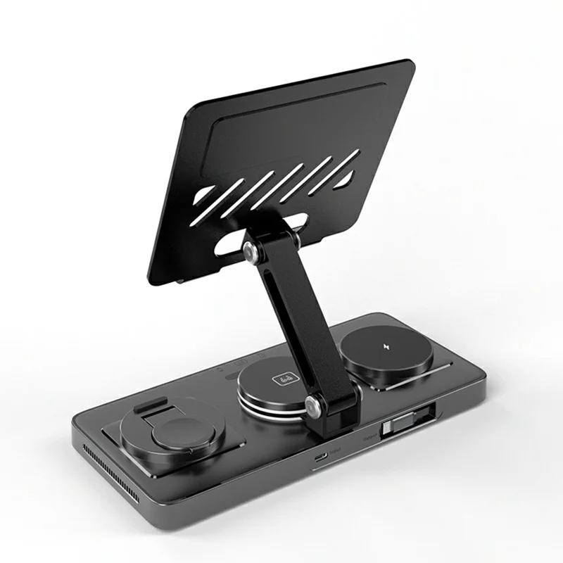 CYJ-268 5 in 1 Wireless Charging Station with Retractable Cable for Smartphone / Earbuds / Smart Watch / Tablet Foldable Stand - Black