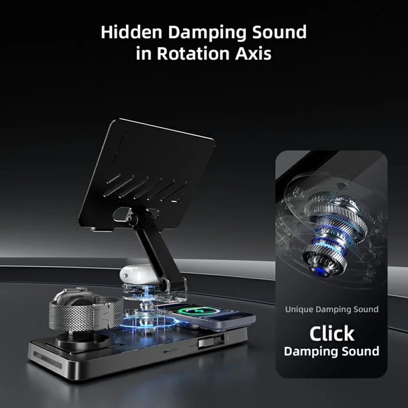 CYJ-268 5 in 1 Wireless Charging Station with Retractable Cable for Smartphone / Earbuds / Smart Watch / Tablet Foldable Stand - Black