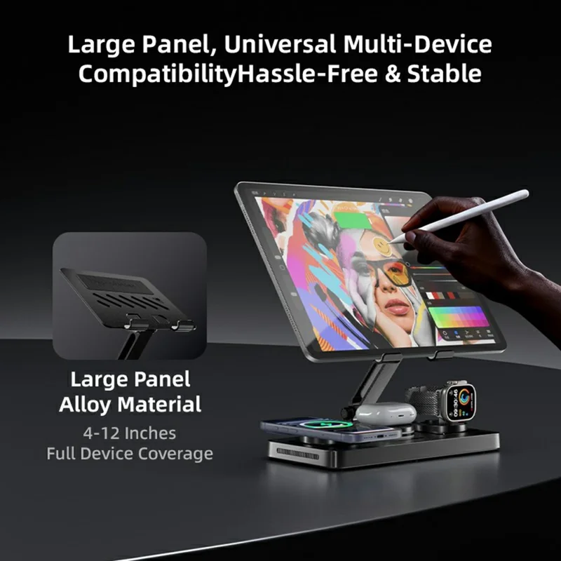 CYJ-268 5 in 1 Wireless Charging Station with Retractable Cable for Smartphone / Earbuds / Smart Watch / Tablet Foldable Stand - Black