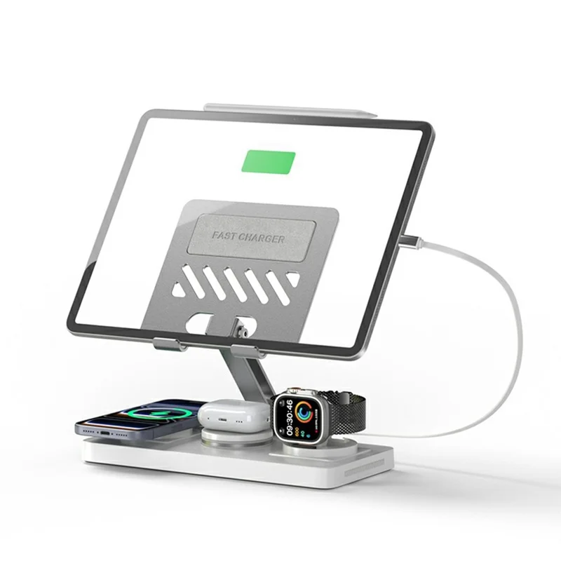 CYJ-268 5 in 1 Wireless Charging Station with Retractable Cable for Smartphone / Earbuds / Smart Watch / Tablet Foldable Stand - White