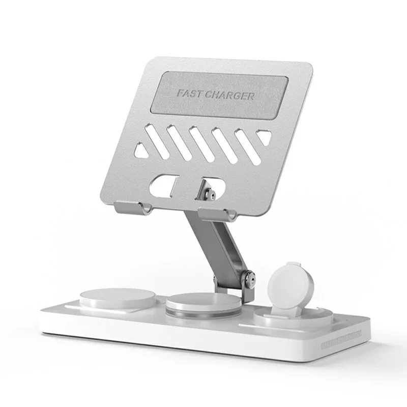 CYJ-268 5 in 1 Wireless Charging Station with Retractable Cable for Smartphone / Earbuds / Smart Watch / Tablet Foldable Stand - White