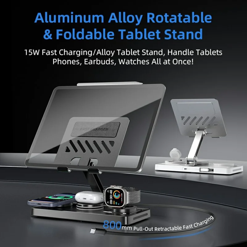 CYJ-268 5 in 1 Wireless Charging Station with Retractable Cable for Smartphone / Earbuds / Smart Watch / Tablet Foldable Stand - White