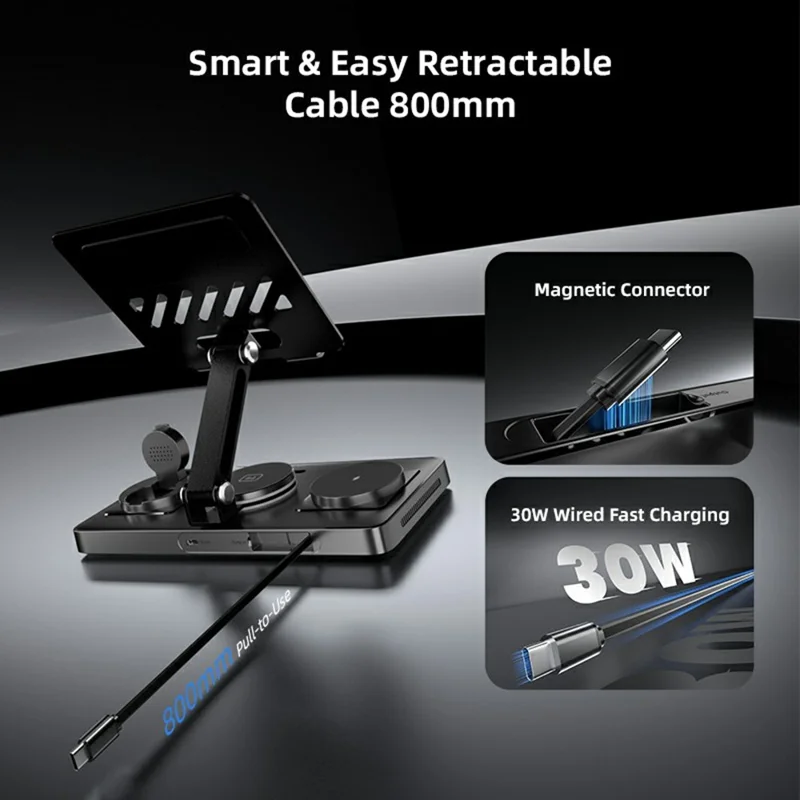 CYJ-268 5 in 1 Wireless Charging Station with Retractable Cable for Smartphone / Earbuds / Smart Watch / Tablet Foldable Stand - White