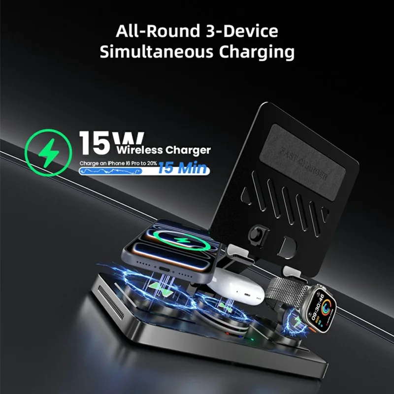 CYJ-268 5 in 1 Wireless Charging Station with Retractable Cable for Smartphone / Earbuds / Smart Watch / Tablet Foldable Stand - White