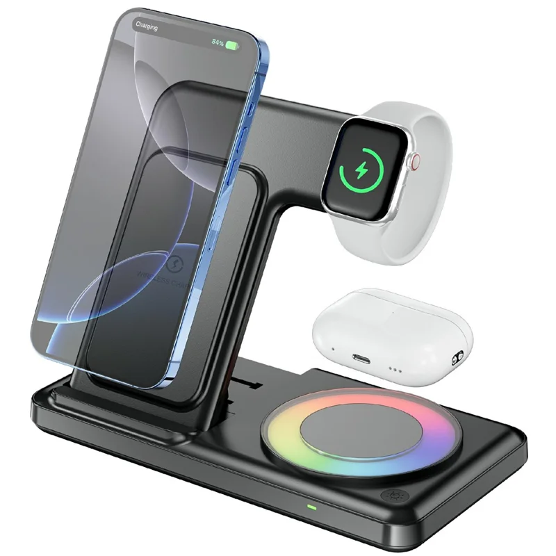 Q50D 4 in 1 Foldable Wireless Charger Dock 15W Fast Charging Station with RGB Ambient Light for Mobile Phone Apple Watch AirPods - Black