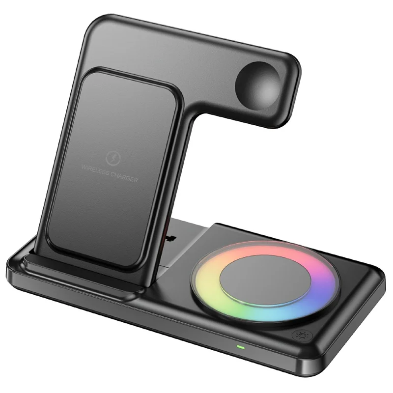 Q50D 4 in 1 Foldable Wireless Charger Dock 15W Fast Charging Station with RGB Ambient Light for Mobile Phone Apple Watch AirPods - Black