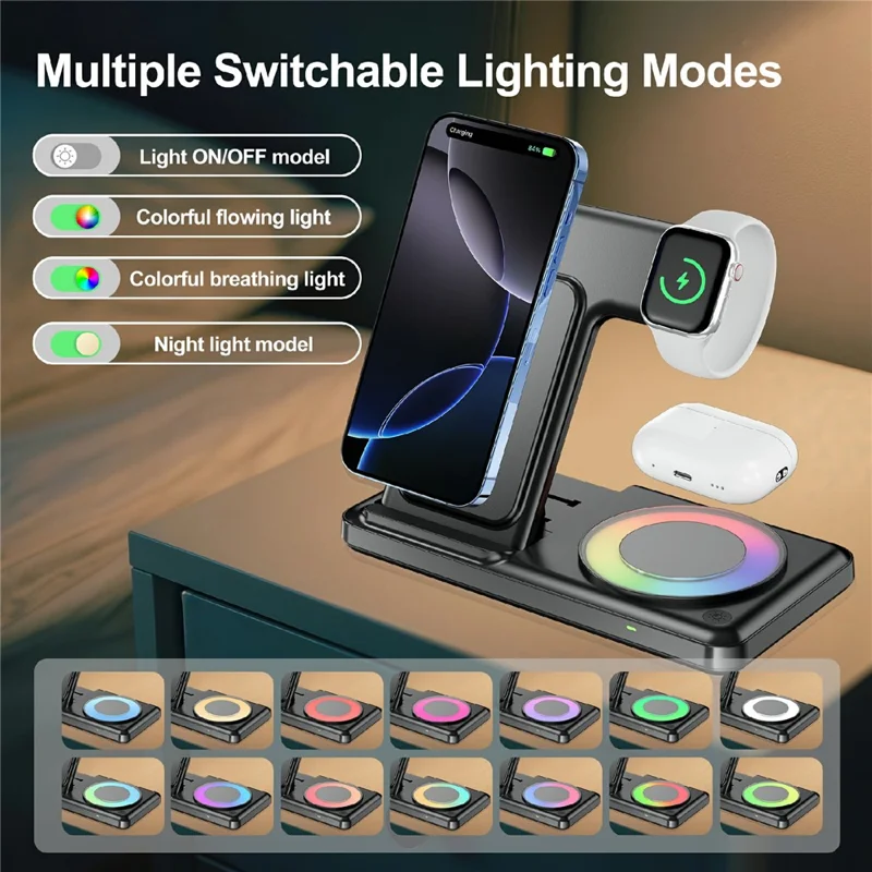 Q50D 4 in 1 Foldable Wireless Charger Dock 15W Fast Charging Station with RGB Ambient Light for Mobile Phone Apple Watch AirPods - Black