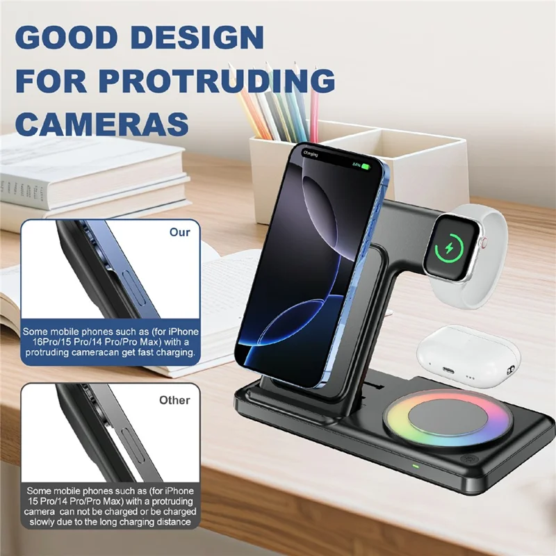 Q50D 4 in 1 Foldable Wireless Charger Dock 15W Fast Charging Station with RGB Ambient Light for Mobile Phone Apple Watch AirPods - Black