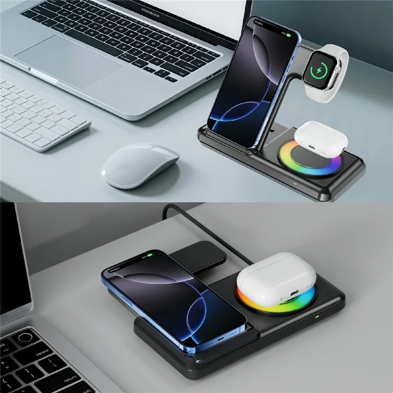 Q50D 4 in 1 Foldable Wireless Charger Dock 15W Fast Charging Station with RGB Ambient Light for Mobile Phone Apple Watch AirPods - Black
