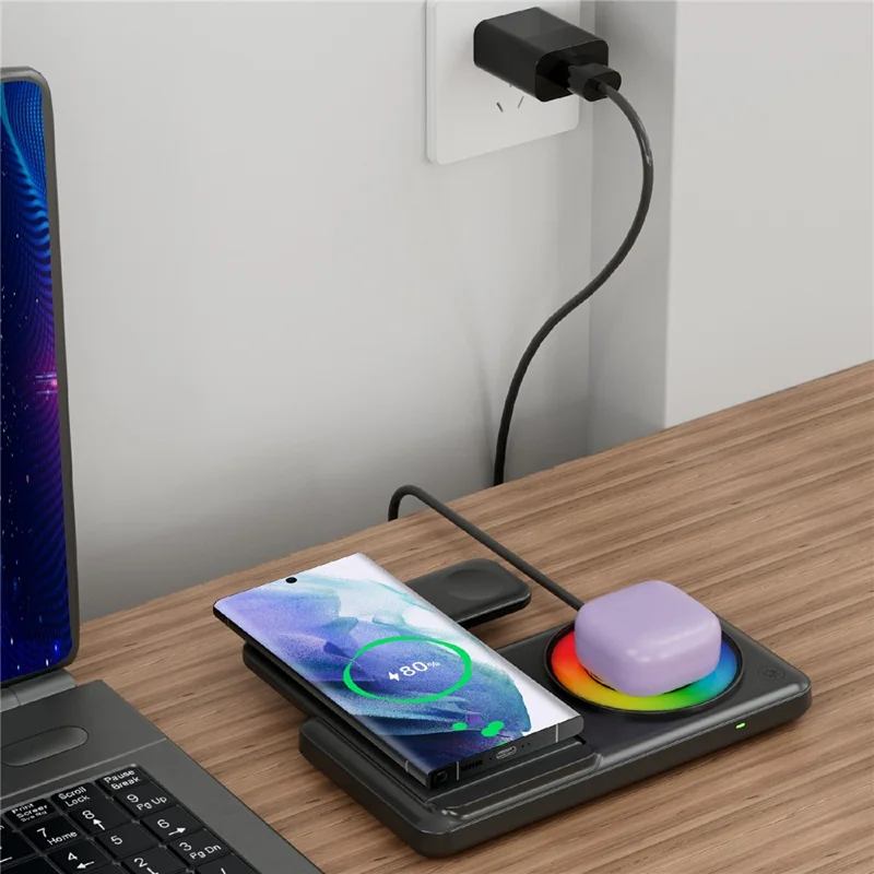 Q50D 4 in 1 Foldable Wireless Charger Dock 15W Fast Charging Station with RGB Ambient Light for Mobile Phone Apple Watch AirPods - Black