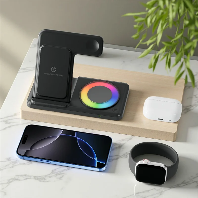 Q50D 4 in 1 Foldable Wireless Charger Dock 15W Fast Charging Station with RGB Ambient Light for Mobile Phone Apple Watch AirPods - Black