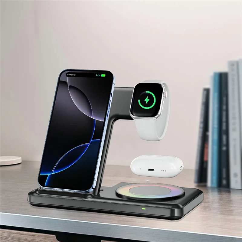 Q50D 4 in 1 Foldable Wireless Charger Dock 15W Fast Charging Station with RGB Ambient Light for Mobile Phone Apple Watch AirPods - Black