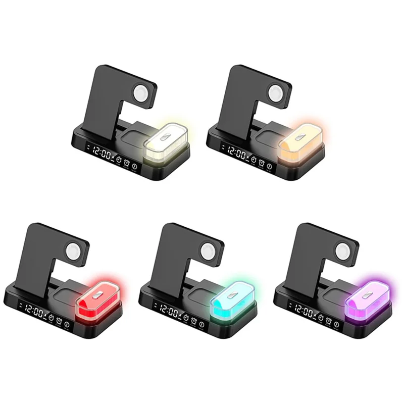 JJT-S37 15W Foldable Wireless Charger Dock Multifunctional Fast Charging Station with RGB Ambient Light and Clock for Samsung Watch - Black