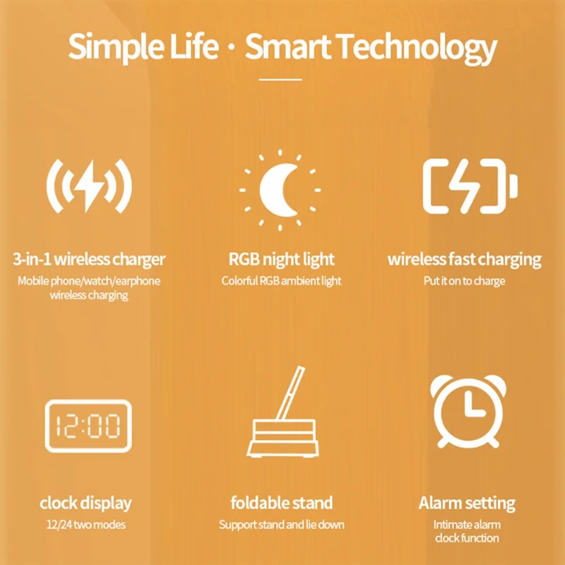 JJT-S37 15W Foldable Wireless Charger Dock Multifunctional Fast Charging Station with RGB Ambient Light and Clock for Samsung Watch - Black