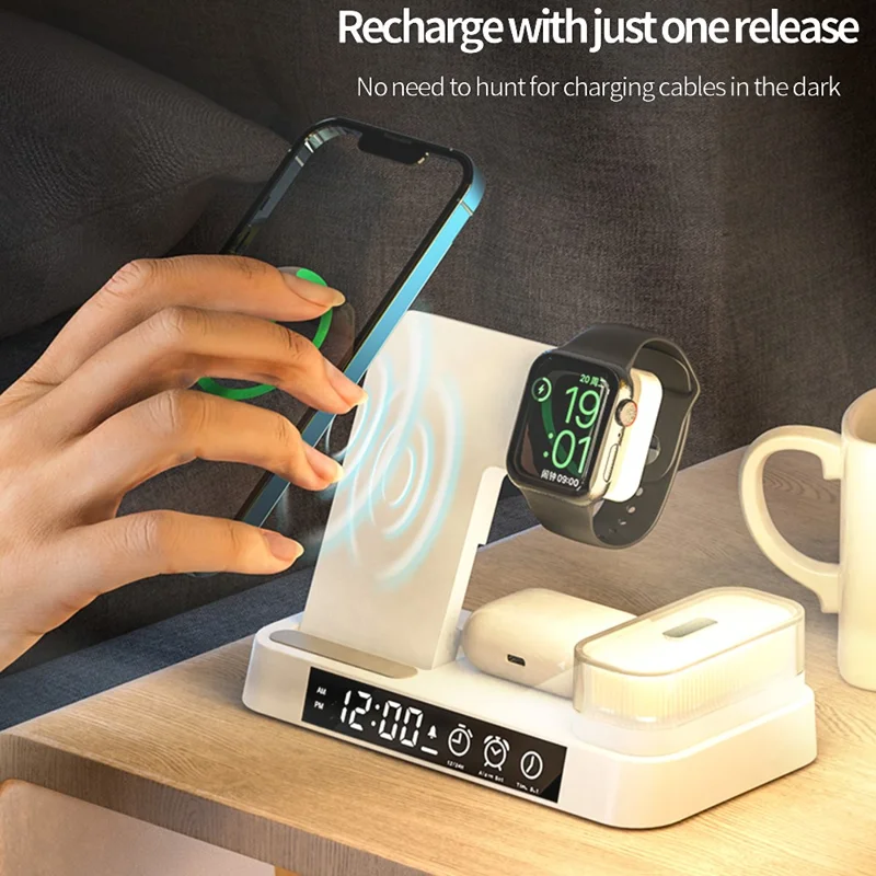 JJT-S37 15W Foldable Wireless Charger Dock Multifunctional Fast Charging Station with RGB Ambient Light and Clock for Samsung Watch - Black