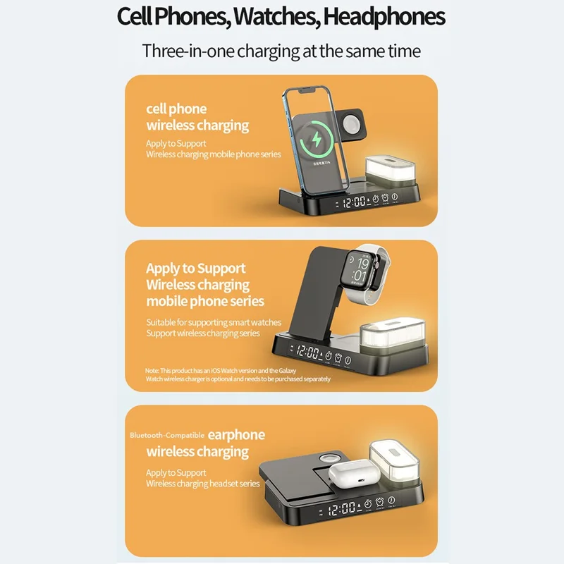 JJT-S37 15W Foldable Wireless Charger Dock Multifunctional Fast Charging Station with RGB Ambient Light and Clock for Samsung Watch - Black