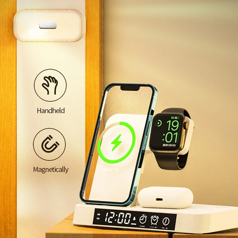 JJT-S37 15W Foldable Wireless Charger Dock Multifunctional Fast Charging Station with RGB Ambient Light and Clock for Samsung Watch - Black