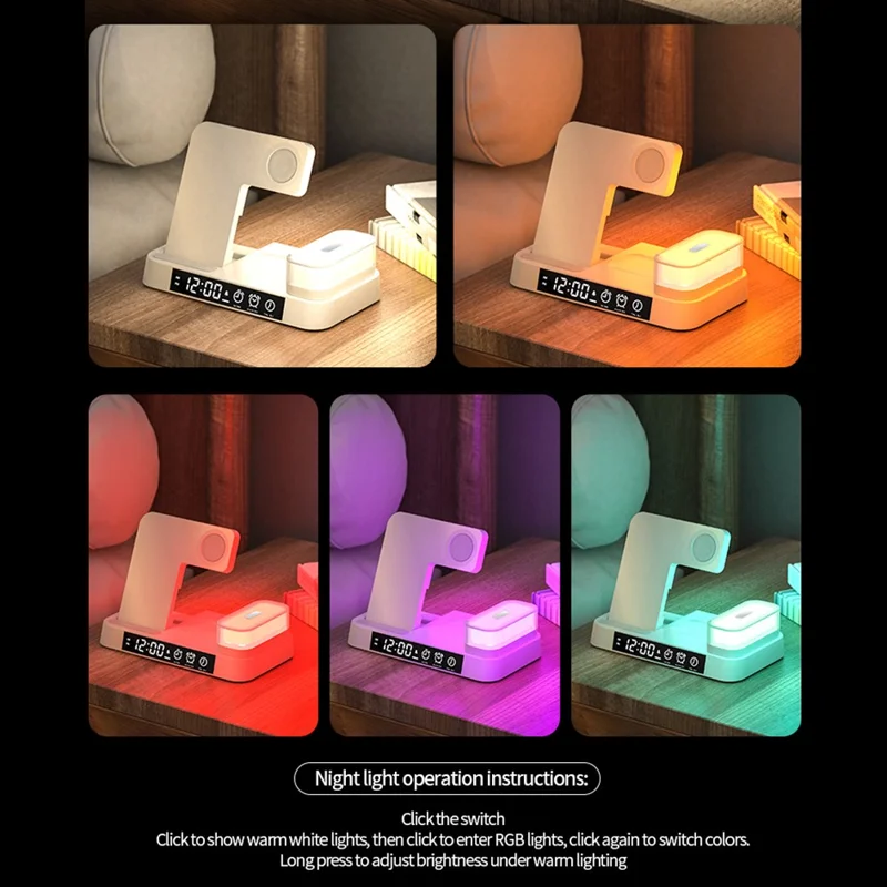 JJT-S37 15W Foldable Wireless Charger Dock Multifunctional Fast Charging Station with RGB Ambient Light and Clock for Samsung Watch - Black