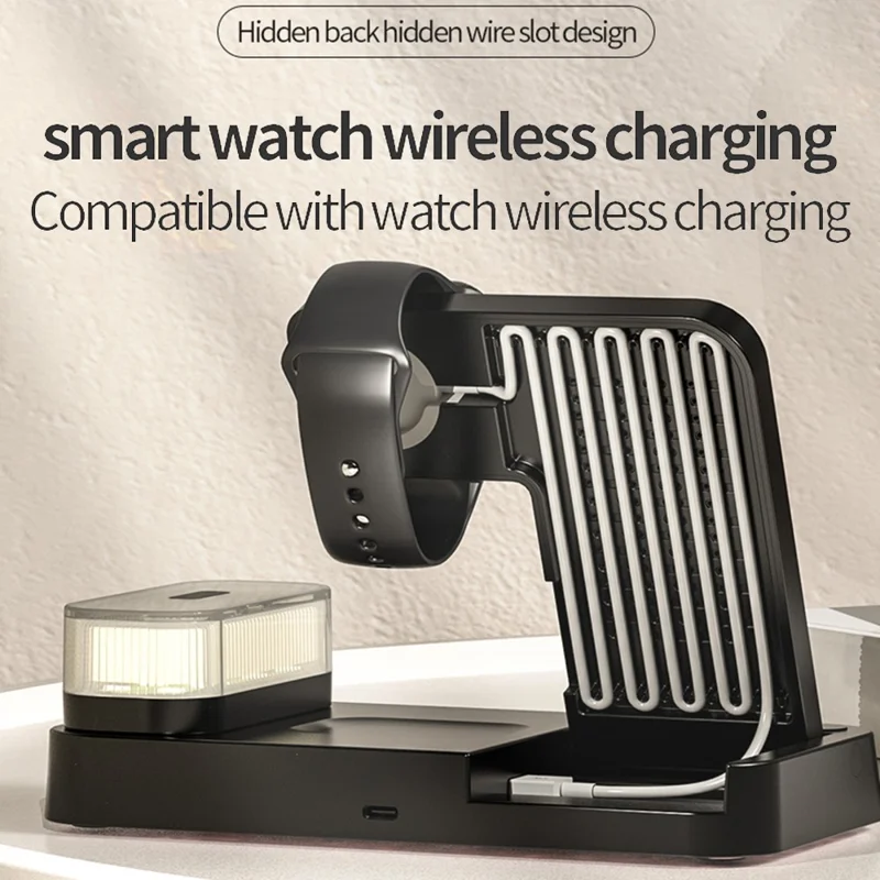 JJT-S37 15W Foldable Wireless Charger Dock Multifunctional Fast Charging Station with RGB Ambient Light and Clock for Samsung Watch - Black