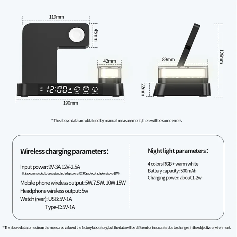 JJT-S37 15W Foldable Wireless Charger Dock Multifunctional Fast Charging Station with RGB Ambient Light and Clock for Samsung Watch - Black