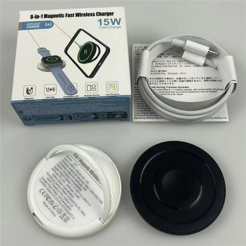 Chargeur sans fil magnétique 6 en 1 avec support, charge rapide maximale de 15 W - Noir