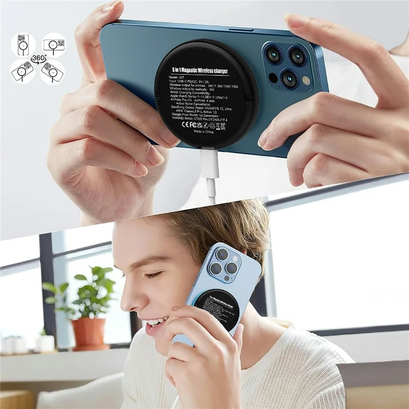 Chargeur sans fil magnétique 6 en 1 avec support, charge rapide maximale de 15 W - Noir