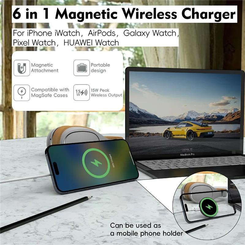 Chargeur sans fil magnétique 6 en 1 avec support, charge rapide maximale de 15 W - Noir
