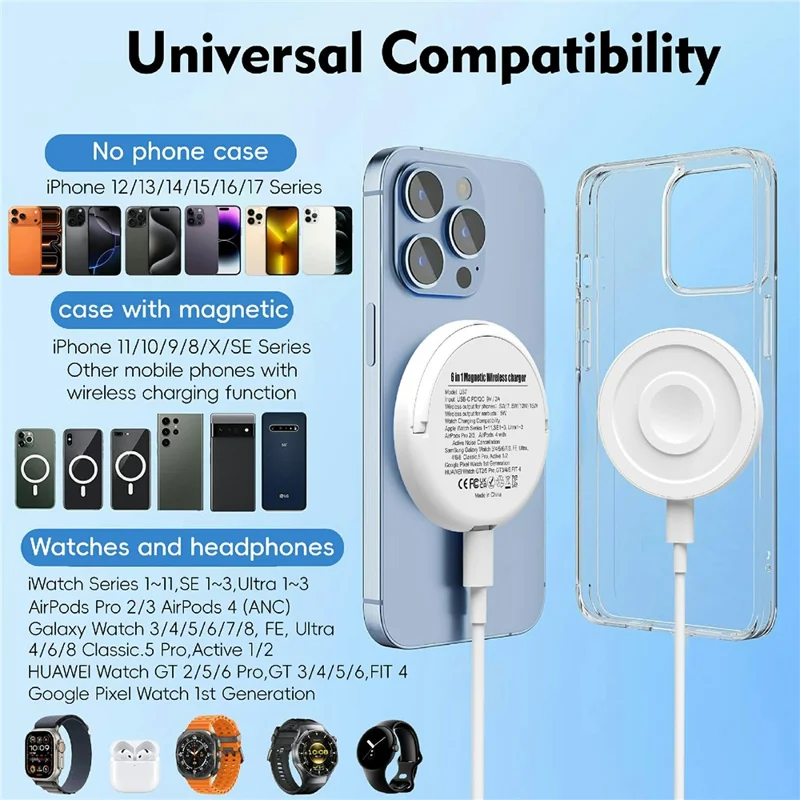 Chargeur sans fil magnétique 6 en 1 avec support, charge rapide maximale de 15 W - Noir