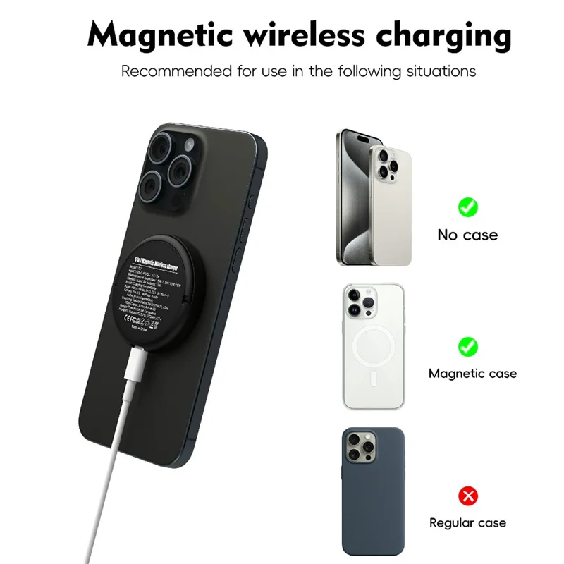 Chargeur sans fil magnétique 6 en 1 avec support, charge rapide maximale de 15 W - Noir