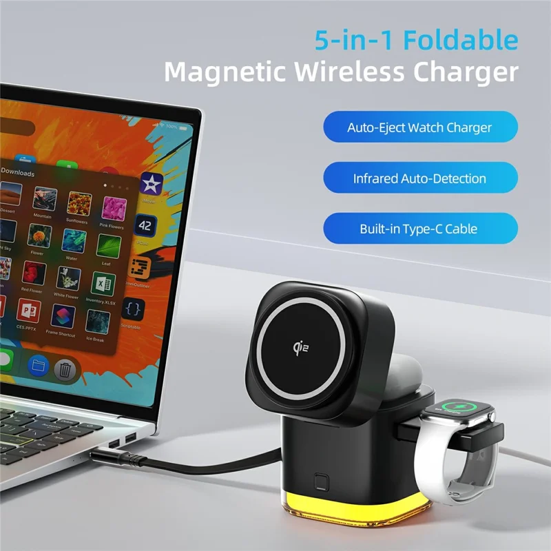 C53 QI2 5 in 1 Foldable Magnetic Wireless Charger 15W Fast Charging Charger Built-in Retractable Cable with Adjustable LED Night Light - Black