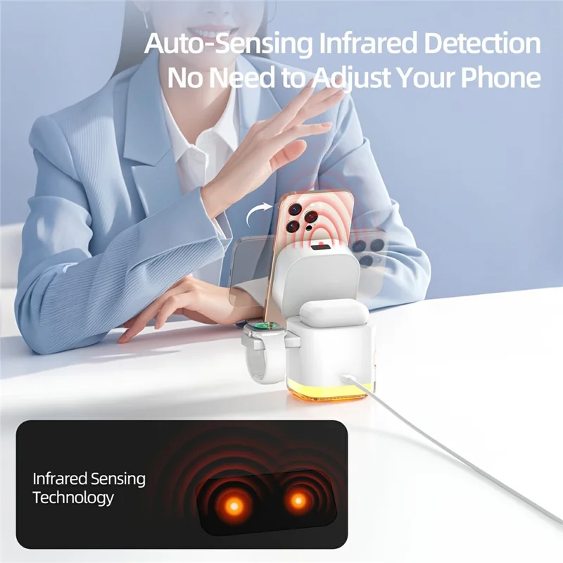 C53 QI2 5 in 1 Foldable Magnetic Wireless Charger 15W Fast Charging Charger Built-in Retractable Cable with Adjustable LED Night Light - Black