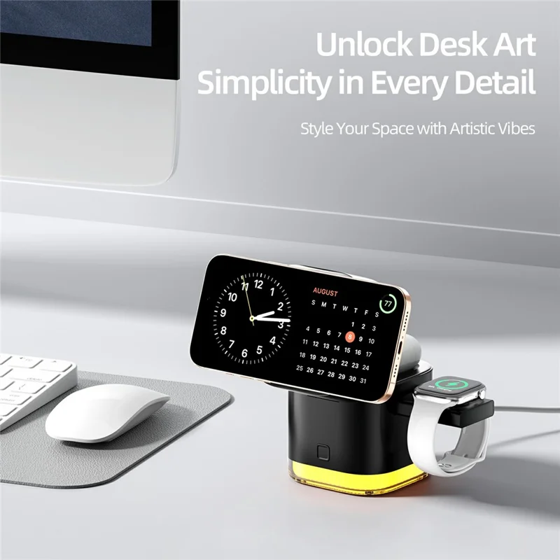 C53 QI2 5 in 1 Foldable Magnetic Wireless Charger 15W Fast Charging Charger Built-in Retractable Cable with Adjustable LED Night Light - Black