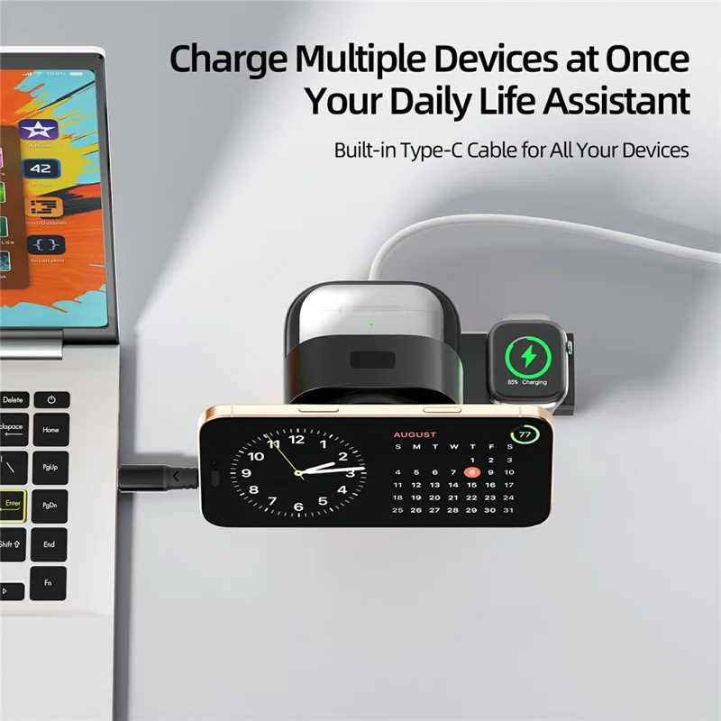 C53 QI2 5 in 1 Foldable Magnetic Wireless Charger 15W Fast Charging Charger Built-in Retractable Cable with Adjustable LED Night Light - Black