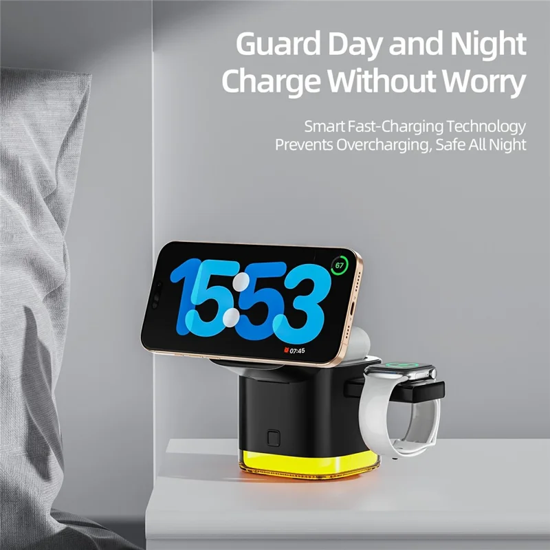 C53 QI2 5 in 1 Foldable Magnetic Wireless Charger 15W Fast Charging Charger Built-in Retractable Cable with Adjustable LED Night Light - Black