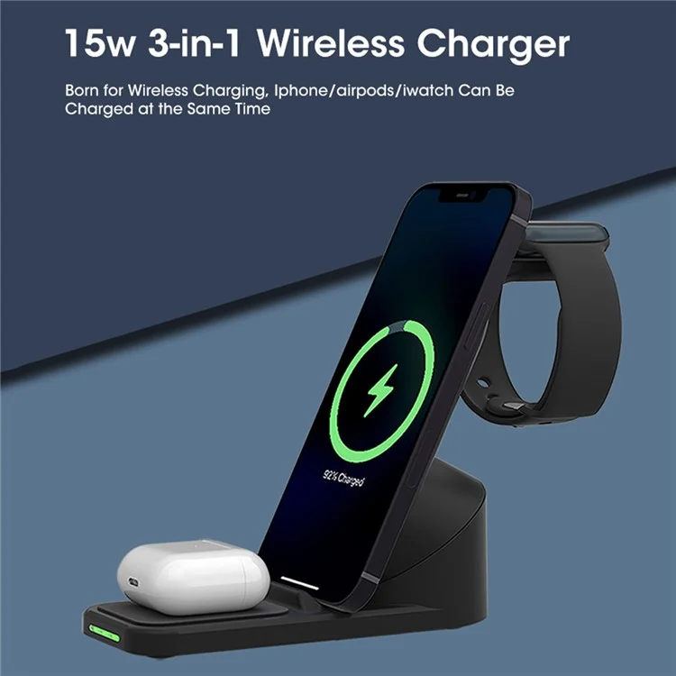 T8 Pro 3 in 1 Desktop Wireless Charger for iPhone / iWatch / AirPods 15W Max Rotatable Charging Dock Stand - White