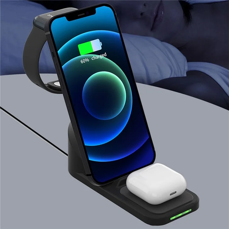 T8 Pro 3 en 1 Chargeur Sans Fil de Bureau Pour Iphone / je Regarde / AirPods 15W Max Max Rotable Charging Dack Stand - Blanche