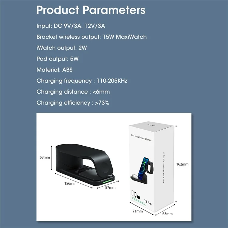T8 Pro 3 en 1 Chargeur Sans Fil de Bureau Pour Iphone / je Regarde / AirPods 15W Max Max Rotable Charging Dack Stand - Blanche