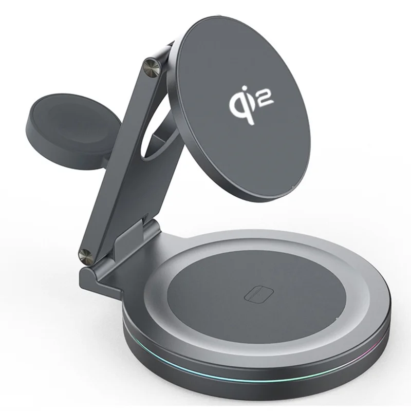 V22 Qi2 Magnetic Wireless Charger Foldable 3 in 1 Charging Stand for Phone / Watch / Earbuds - Grey
