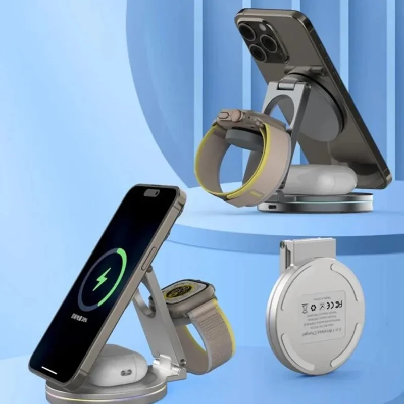 V22 Qi2 Magnetic Wireless Charger Foldable 3 in 1 Charging Stand for Phone / Watch / Earbuds - Grey