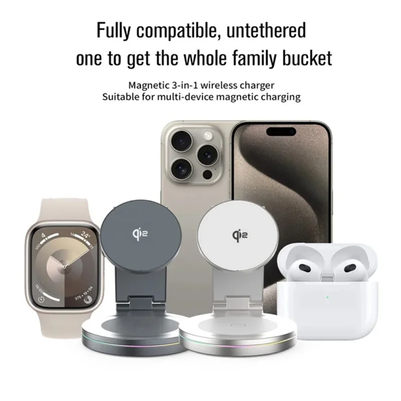 V22 Qi2 Magnetic Wireless Charger Foldable 3 in 1 Charging Stand for Phone / Watch / Earbuds - Grey